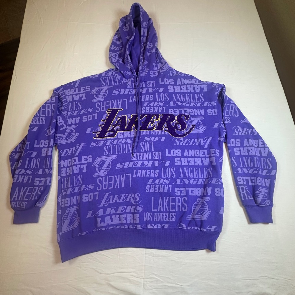 Los Angeles Lakers Purple All Over Logo Pullover Hoodie Sweatshirt Size L EUC - Picture 3 of 8
